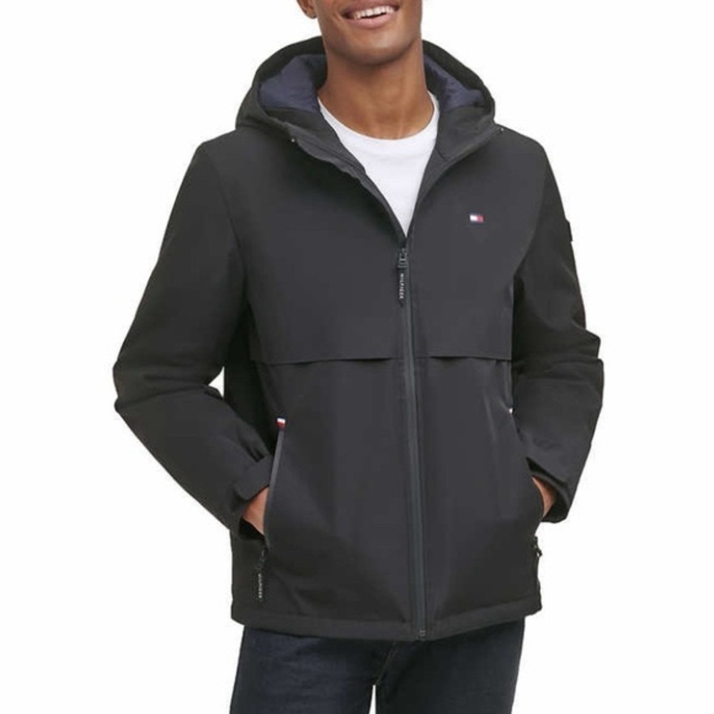 Tommy Hilfiger Black Raincoat with Hood and Zipper
